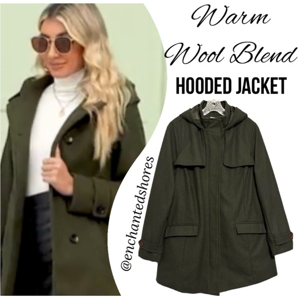 Hooded Peacoat Wool Dark Moss Olive Green Zipper Front Womens Size XXL - Picture 1 of 14